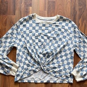 Vans Woman’s Size L Blue & White Checker Knot-Front Long Sleeve Top